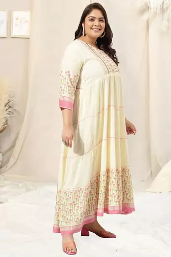 Ivory pink block print zari embroidery flared rayon kurti stiched kurta