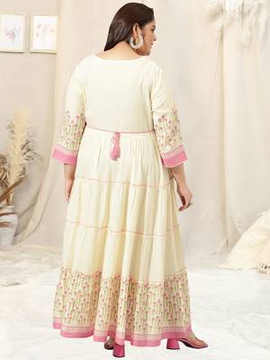 Ivory pink block print zari embroidery flared rayon kurti stiched kurta 3