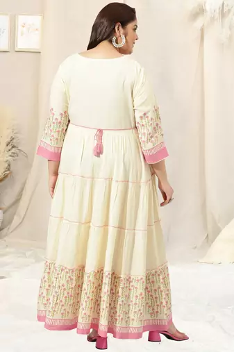 Ivory pink block print zari embroidery flared rayon kurti stiched kurta