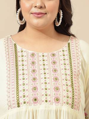 Ivory pink block print zari embroidery flared rayon kurti stiched kurta 4