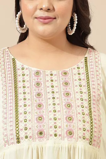 Ivory pink block print zari embroidery flared rayon kurti stiched kurta