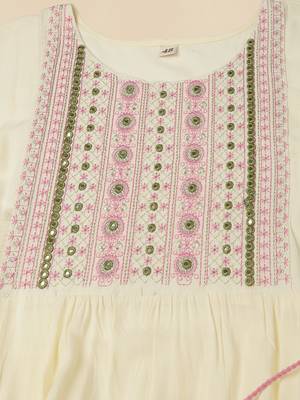 Ivory pink block print zari embroidery flared rayon kurti stiched kurta 5