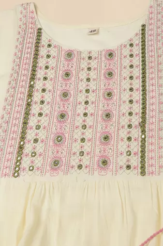 Ivory pink block print zari embroidery flared rayon kurti stiched kurta