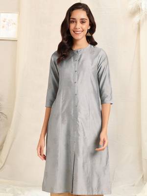Grey foil work pricess line kurta buttons silk blend stiched kurta 1