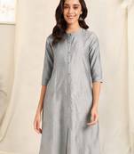 Grey foil work pricess line kurta buttons silk blend stiched kurta