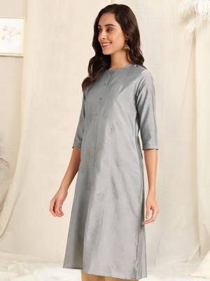 Grey foil work pricess line kurta buttons silk blend stiched kurta 2