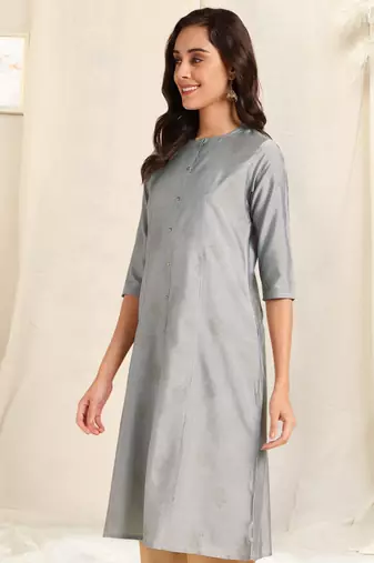 Grey foil work pricess line kurta buttons silk blend stiched kurta