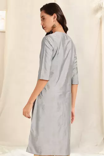 Grey foil work pricess line kurta buttons silk blend stiched kurta