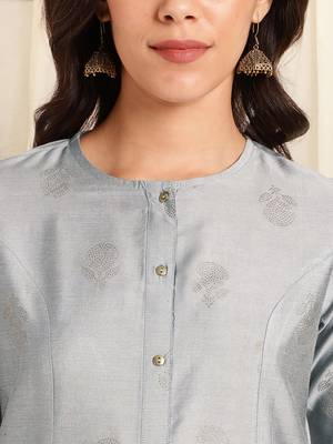Grey foil work pricess line kurta buttons silk blend stiched kurta 4