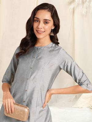 Grey foil work pricess line kurta buttons silk blend stiched kurta 5