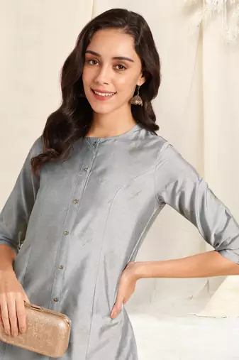 Grey foil work pricess line kurta buttons silk blend stiched kurta