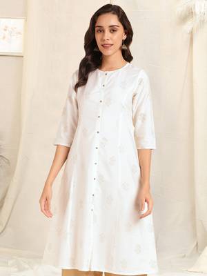 White foil work pricess line kurta buttons silk blend stiched kurta 1