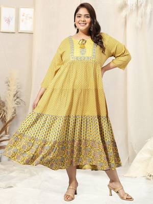 Yellow turquoise jaipuri floral print mirror embroidery flared rayon kurti stiched kurta 1