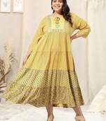 Yellow turquoise jaipuri floral print mirror embroidery flared rayon kurti stiched kurta