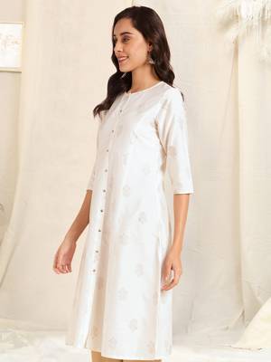 White foil work pricess line kurta buttons silk blend stiched kurta 2