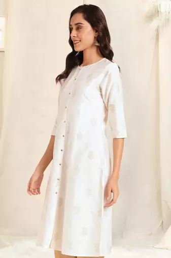 White foil work pricess line kurta buttons silk blend stiched kurta