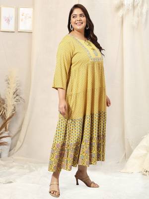 Yellow turquoise jaipuri floral print mirror embroidery flared rayon kurti stiched kurta 2