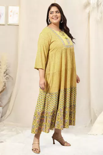 Yellow turquoise jaipuri floral print mirror embroidery flared rayon kurti stiched kurta