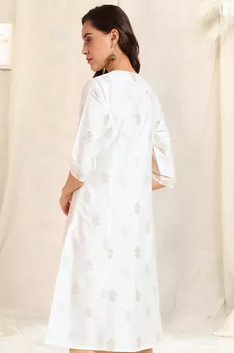 White foil work pricess line kurta buttons silk blend stiched kurta