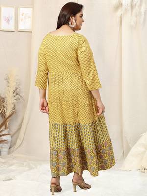 Yellow turquoise jaipuri floral print mirror embroidery flared rayon kurti stiched kurta 3