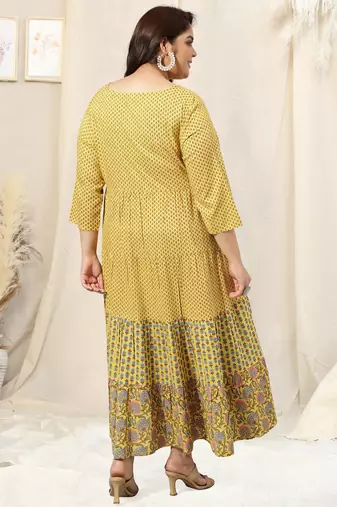 Yellow turquoise jaipuri floral print mirror embroidery flared rayon kurti stiched kurta