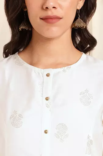 White foil work pricess line kurta buttons silk blend stiched kurta