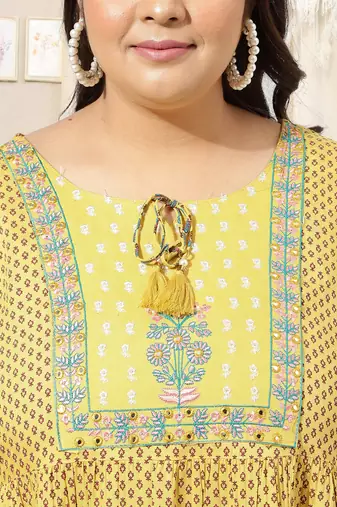 Yellow turquoise jaipuri floral print mirror embroidery flared rayon kurti stiched kurta