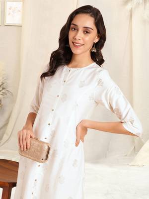 White foil work pricess line kurta buttons silk blend stiched kurta 5
