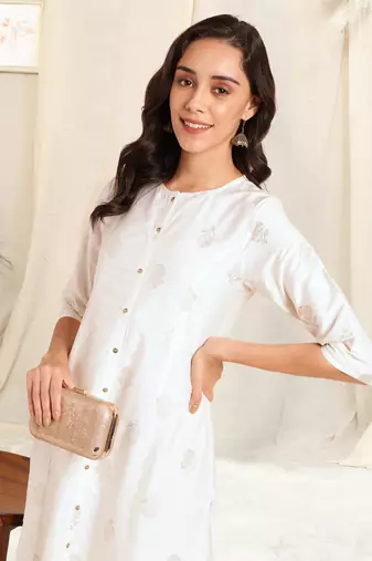 White foil work pricess line kurta buttons silk blend stiched kurta