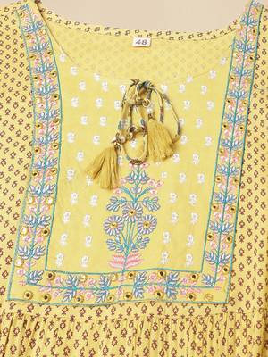 Yellow turquoise jaipuri floral print mirror embroidery flared rayon kurti stiched kurta 5