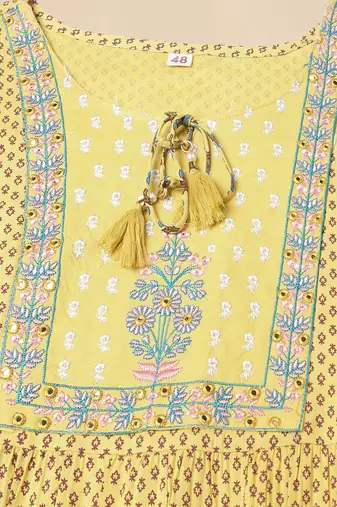 Yellow turquoise jaipuri floral print mirror embroidery flared rayon kurti stiched kurta