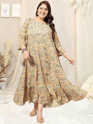Beige green floral print embroidery hand work anarkali rayon kurti stiched kurta 1