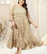 Beige green floral print embroidery hand work anarkali rayon kurti stiched kurta