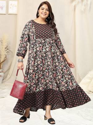 Black crimson floral print mirror work sequins anarkali rayon kurti stiched 1