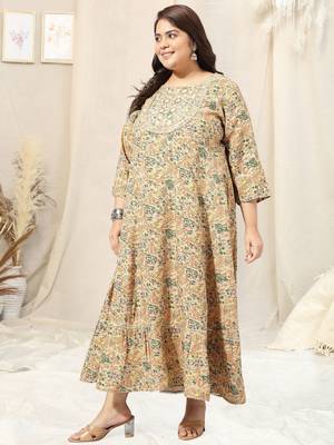 Beige green floral print embroidery hand work anarkali rayon kurti stiched kurta 2