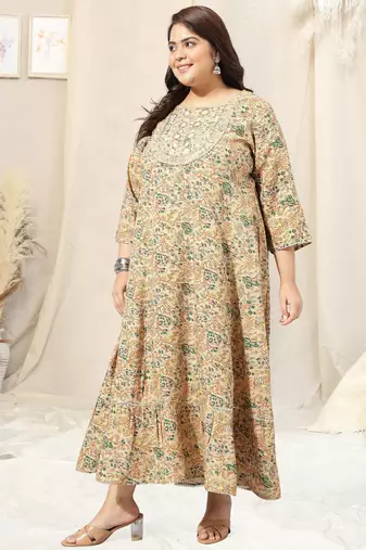 Beige green floral print embroidery hand work anarkali rayon kurti stiched kurta