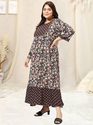 Black crimson floral print mirror work sequins anarkali rayon kurti stiched 2