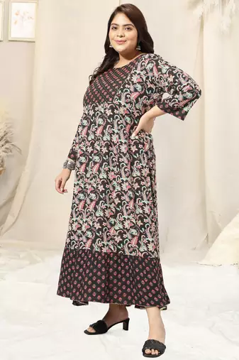 Black crimson floral print mirror work sequins anarkali rayon kurti stiched