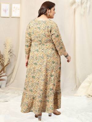Beige green floral print embroidery hand work anarkali rayon kurti stiched kurta 3