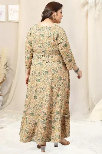 Beige green floral print embroidery hand work anarkali rayon kurti stiched kurta