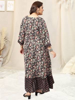 Black crimson floral print mirror work sequins anarkali rayon kurti stiched 3
