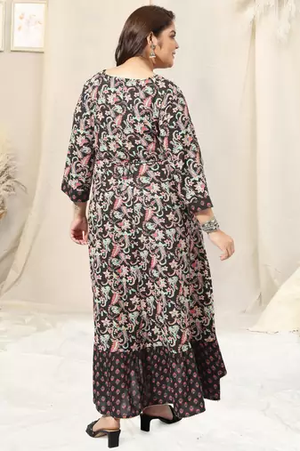 Black crimson floral print mirror work sequins anarkali rayon kurti stiched