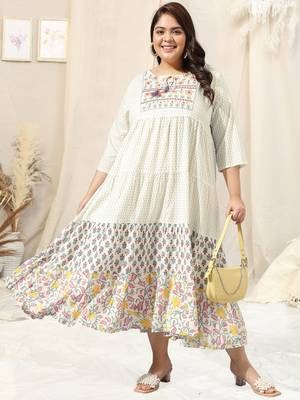 White grey block print floral print embroidery flared rayon kurti stiched 1