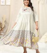 White grey block print floral print embroidery flared rayon kurti stiched