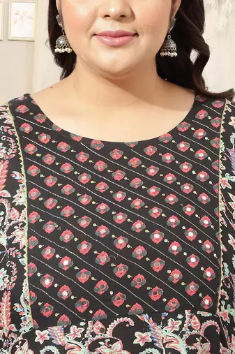 Black crimson floral print mirror work sequins anarkali rayon kurti stiched
