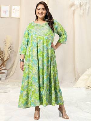 Pista green turquoise leaf floral print zari mirror embroidery anarkali rayon kurti stiched 1
