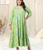 Pista green turquoise leaf floral print zari mirror embroidery anarkali rayon kurti stiched