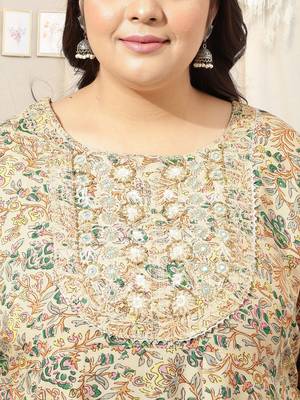 Beige green floral print embroidery hand work anarkali rayon kurti stiched kurta 4