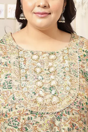 Beige green floral print embroidery hand work anarkali rayon kurti stiched kurta