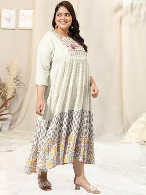 White grey block print floral print embroidery flared rayon kurti stiched 2
